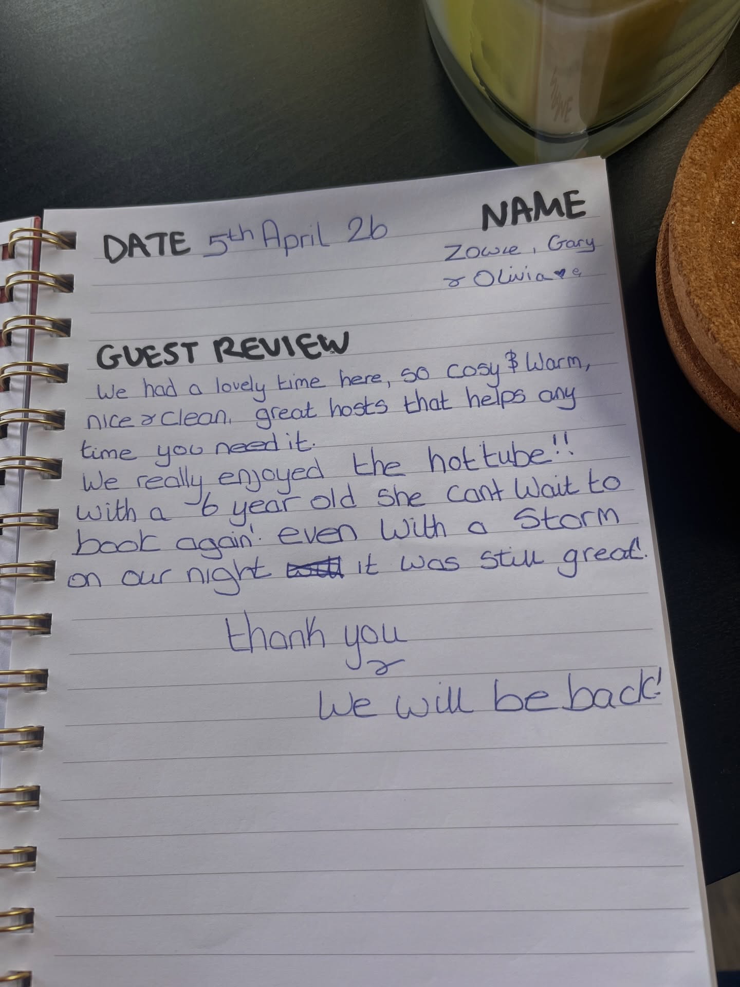 Handwritten guestbook entry from Zowie, Gary & Olivia