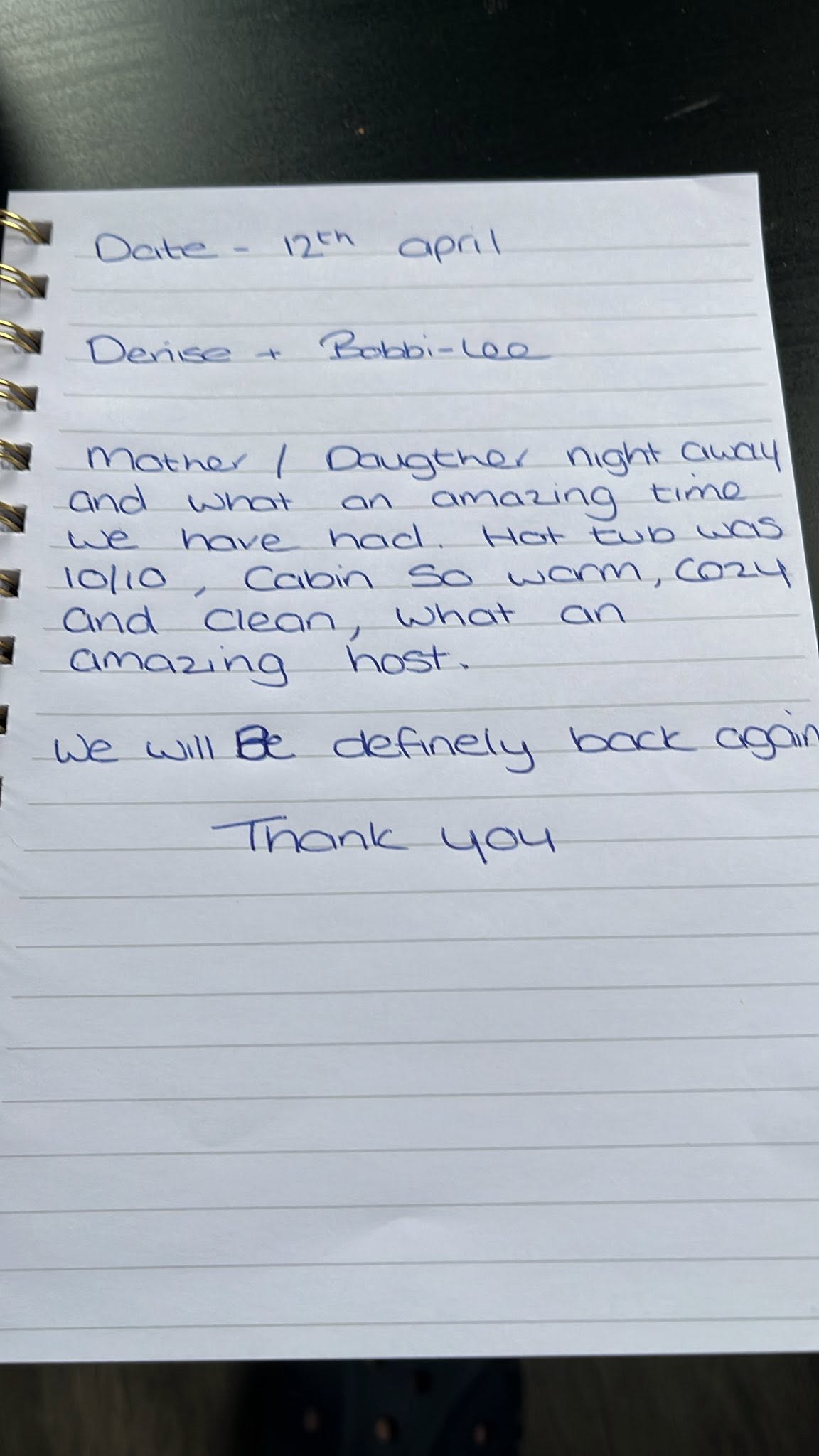 Handwritten guestbook entry from Denise & Bobbi-Lee