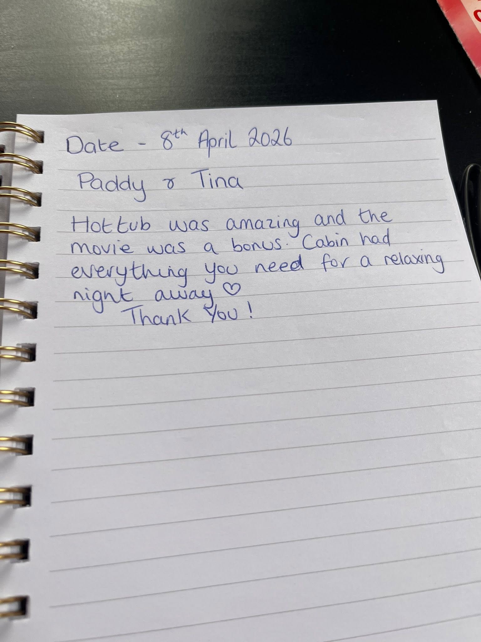 Handwritten guestbook entry from Paddy & Tina