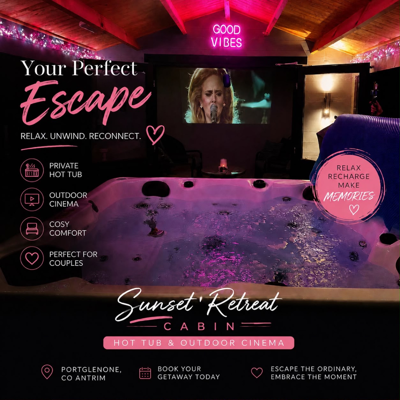 Hot tub lit pink at night with the outdoor cinema screen behind