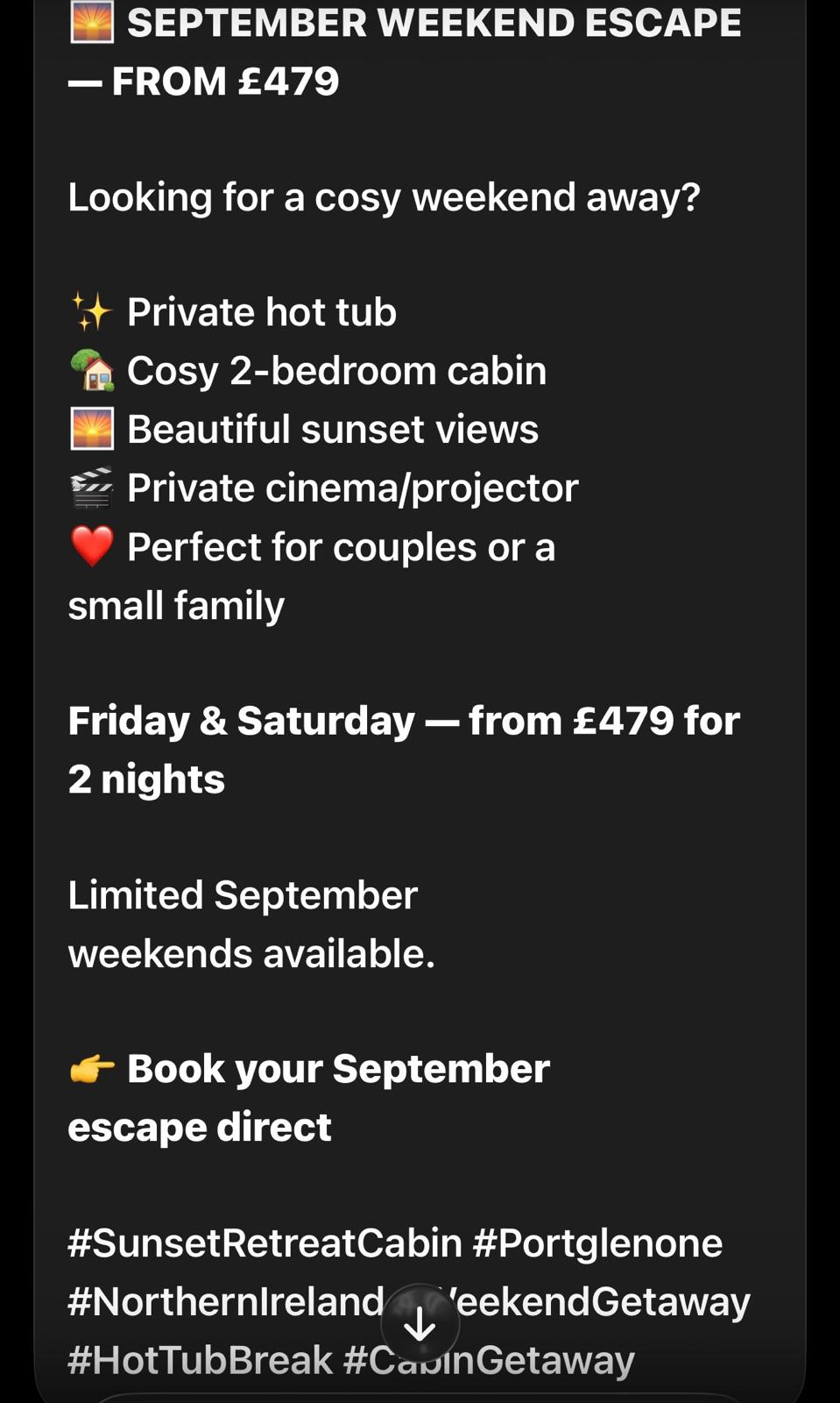 September Weekend Escape special offer, from £479 for 2 nights