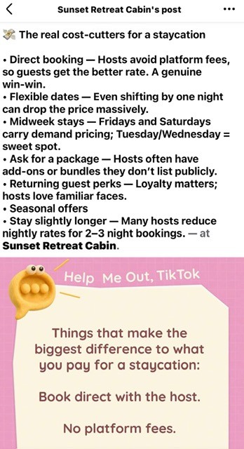 Post listing the things that make the biggest difference to what you pay: book direct, no platform fees